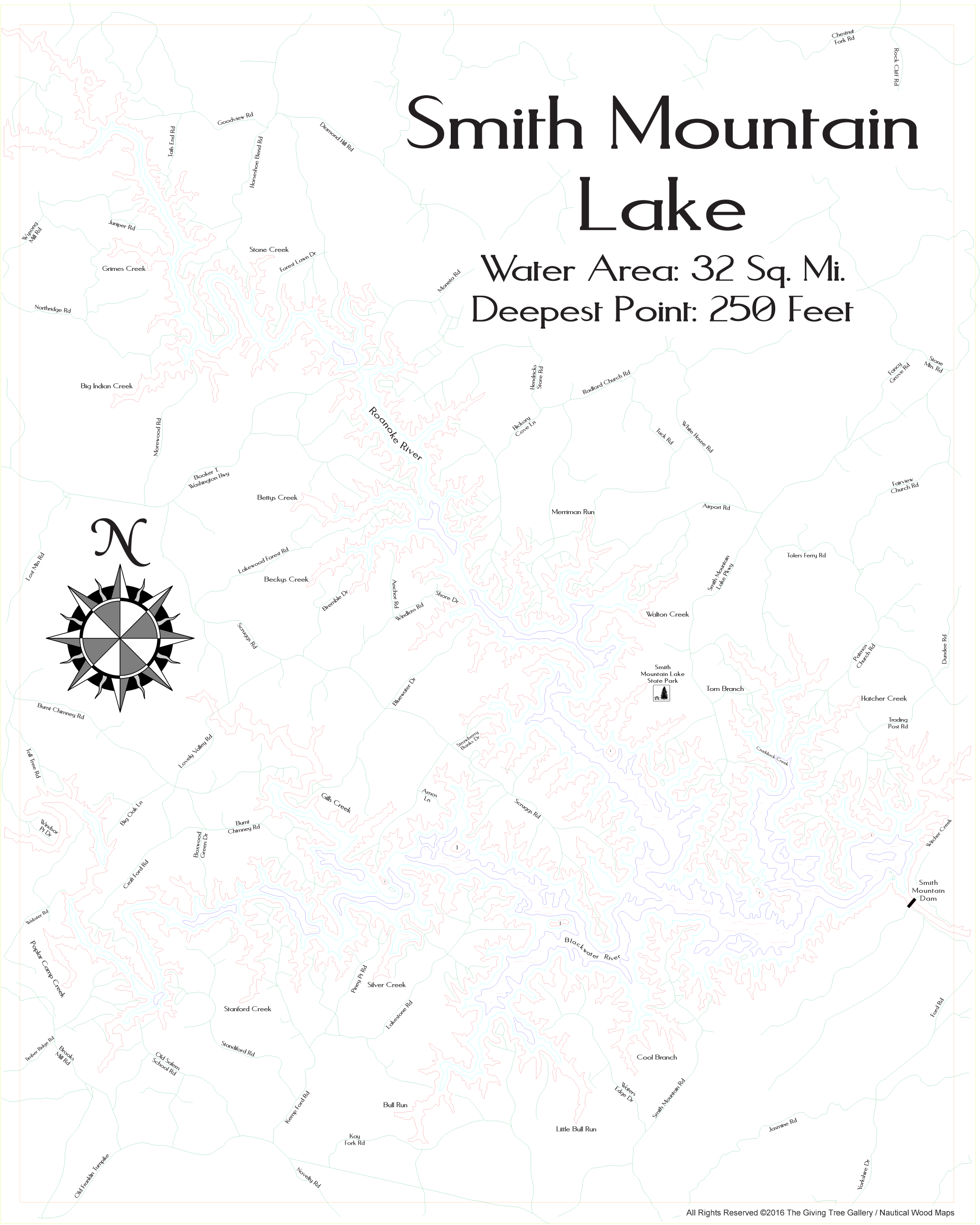 Smith Mountain Lake Wooden Map Art Topographic 3D Chart